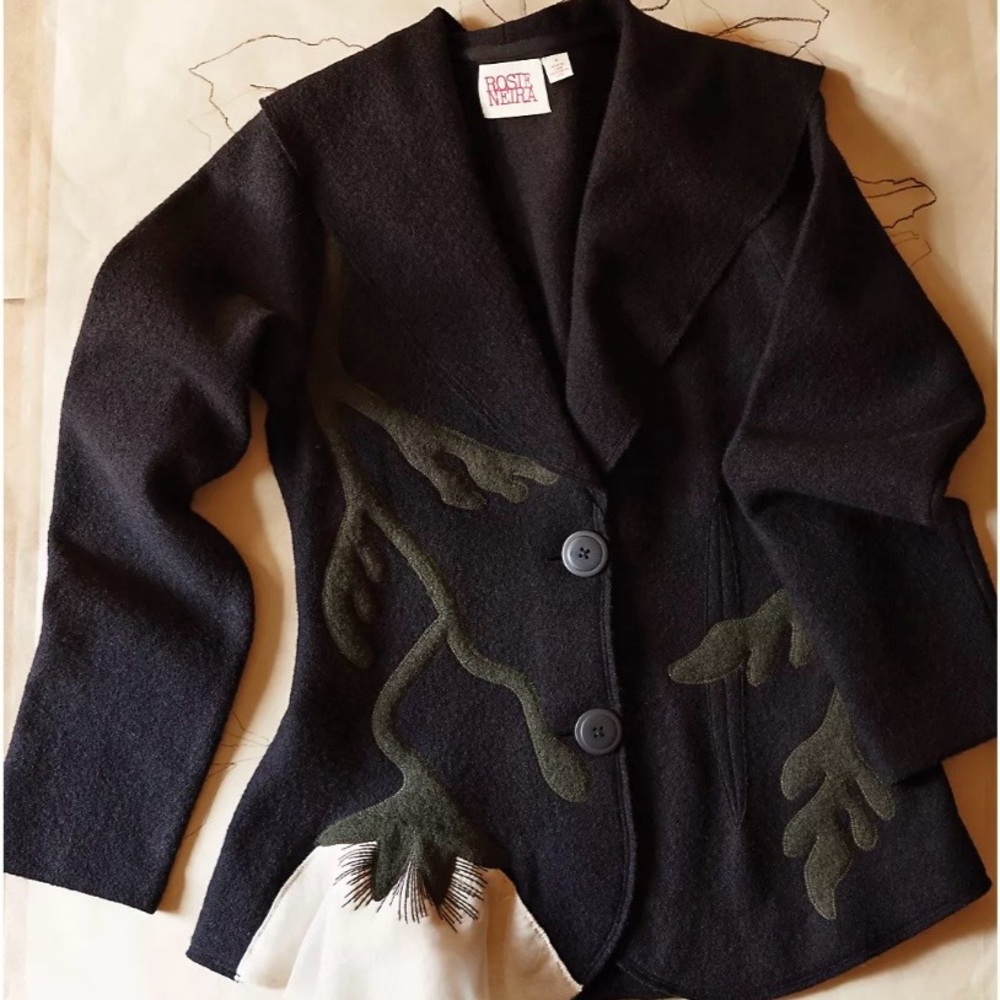 Anthropology Stylish Navy Blue Button-Up Jacket with Floral Design
